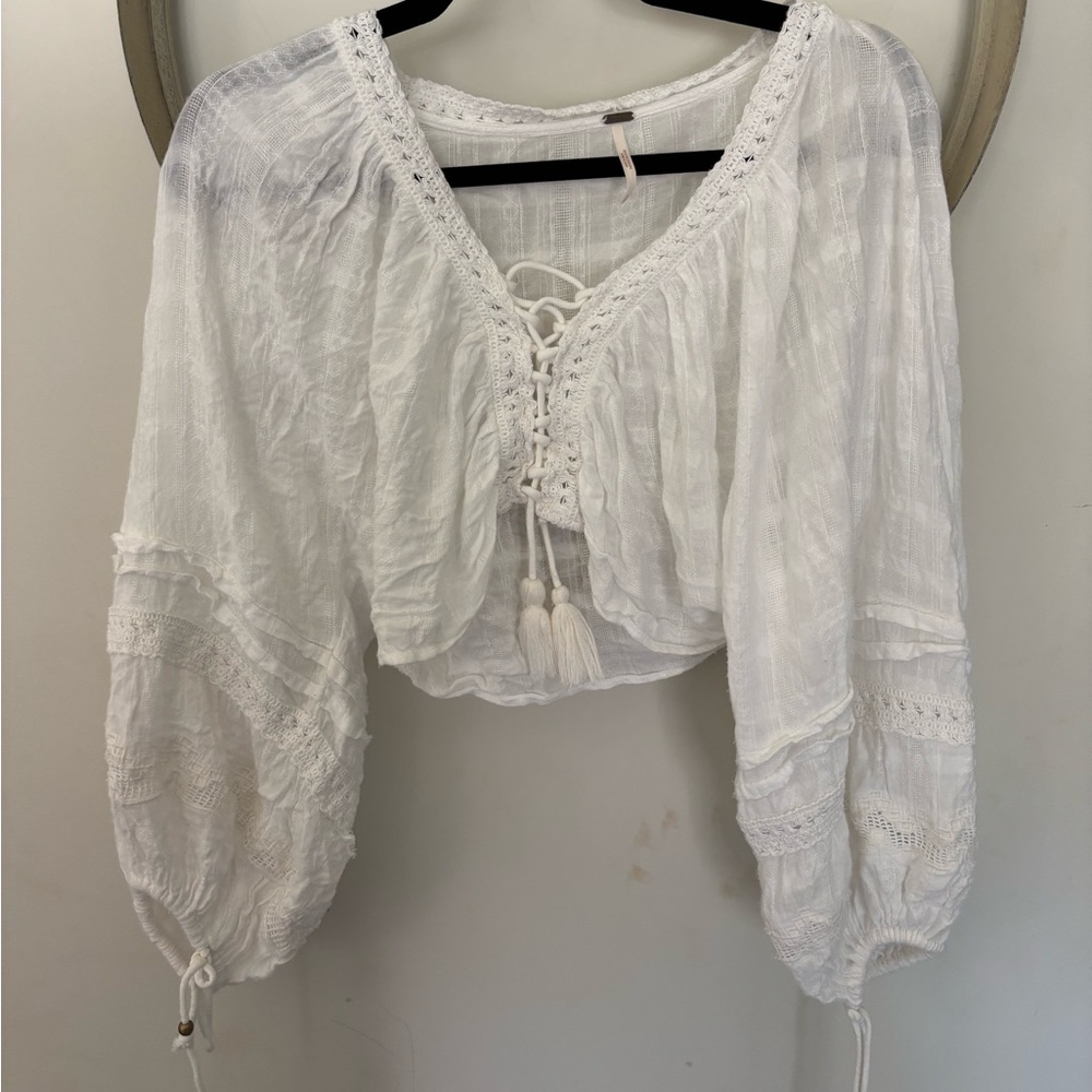 Free People White Lace-Up Peasant Blouse